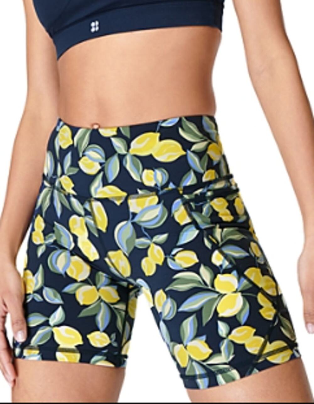 Sweaty Betty Womens Lemon Print Power Shorts Size US 8 Blue Yellow